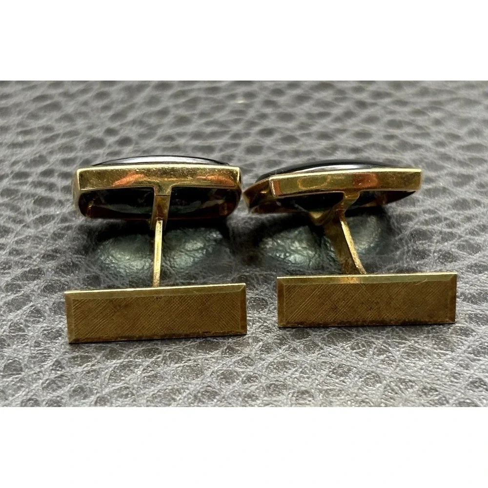 Vintage 14K Solid Gold Cufflinks Dark Green Gemstones Men's Formal Wear Luxury